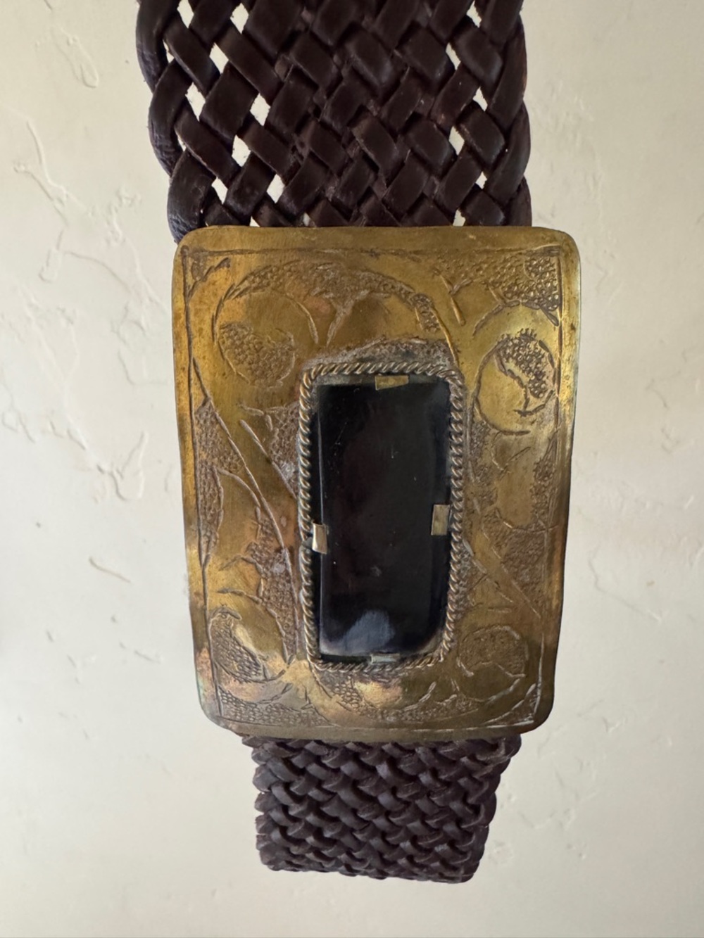 Women's Brown Woven Leather Belt with Decorative Brass Buckle - Picture 2 of 8